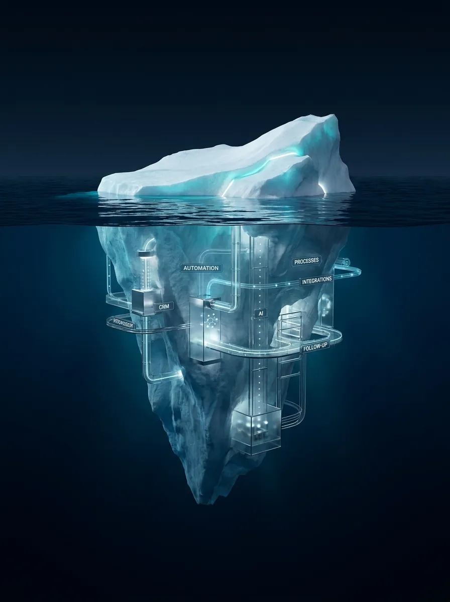 Iceberg: la parte visible sobre el agua y el sistema tecnológico que la sostiene bajo el agua